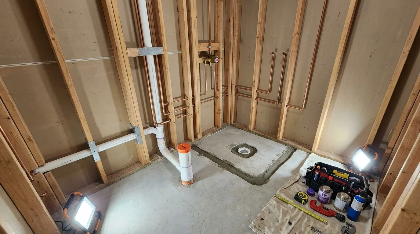 Bathroom rough-in plumbing during remodel by Johns Plumbing LLC in Fort Stewart