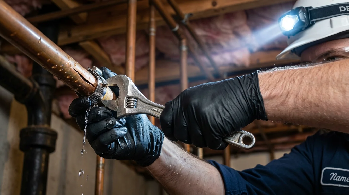 Emergency pipe clamp repair being performed by a Johns Plumbing LLC plumber in Fort Stewart