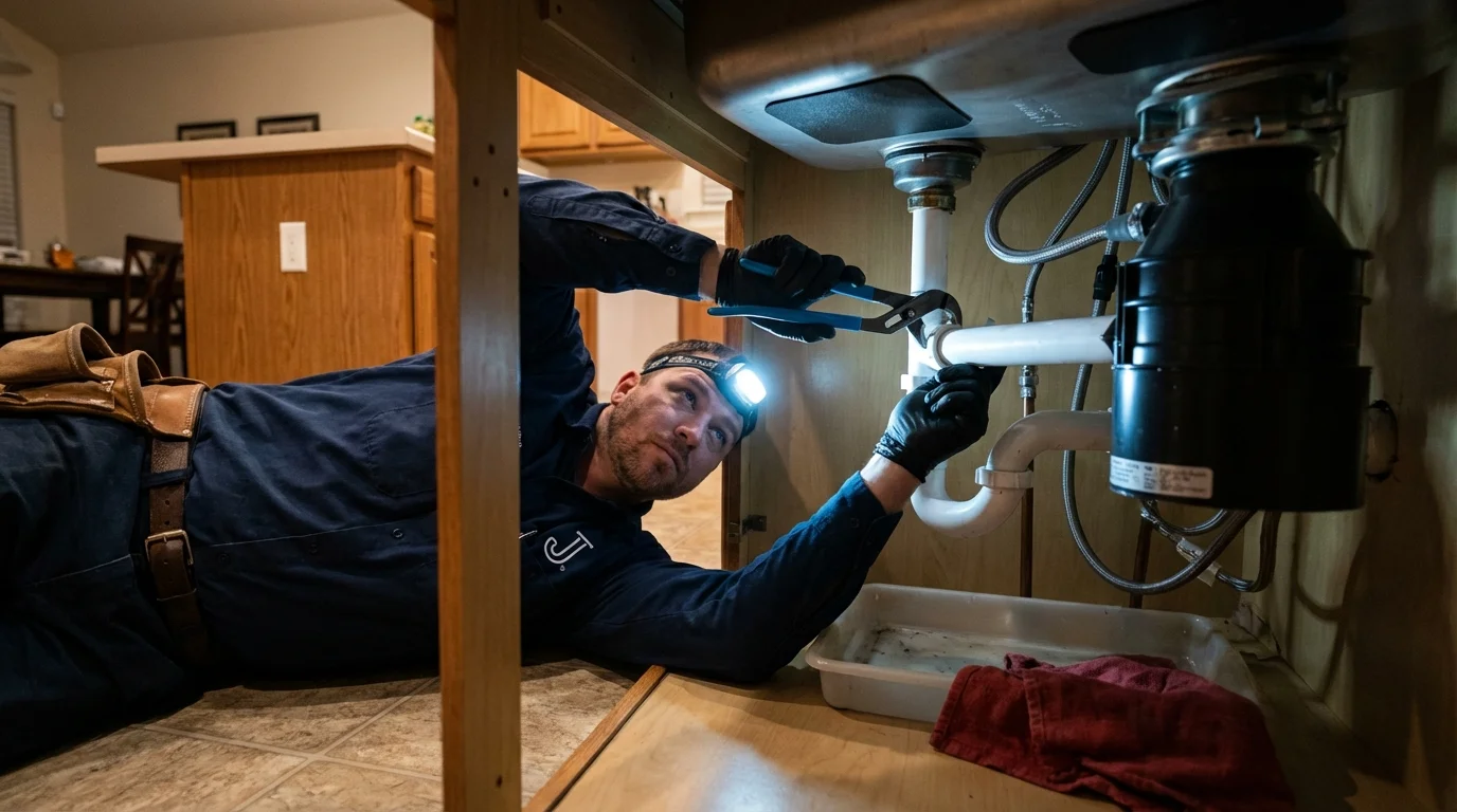 P-trap and supply line connections under a kitchen sink showing a common leak point in Fort Stewart, GA